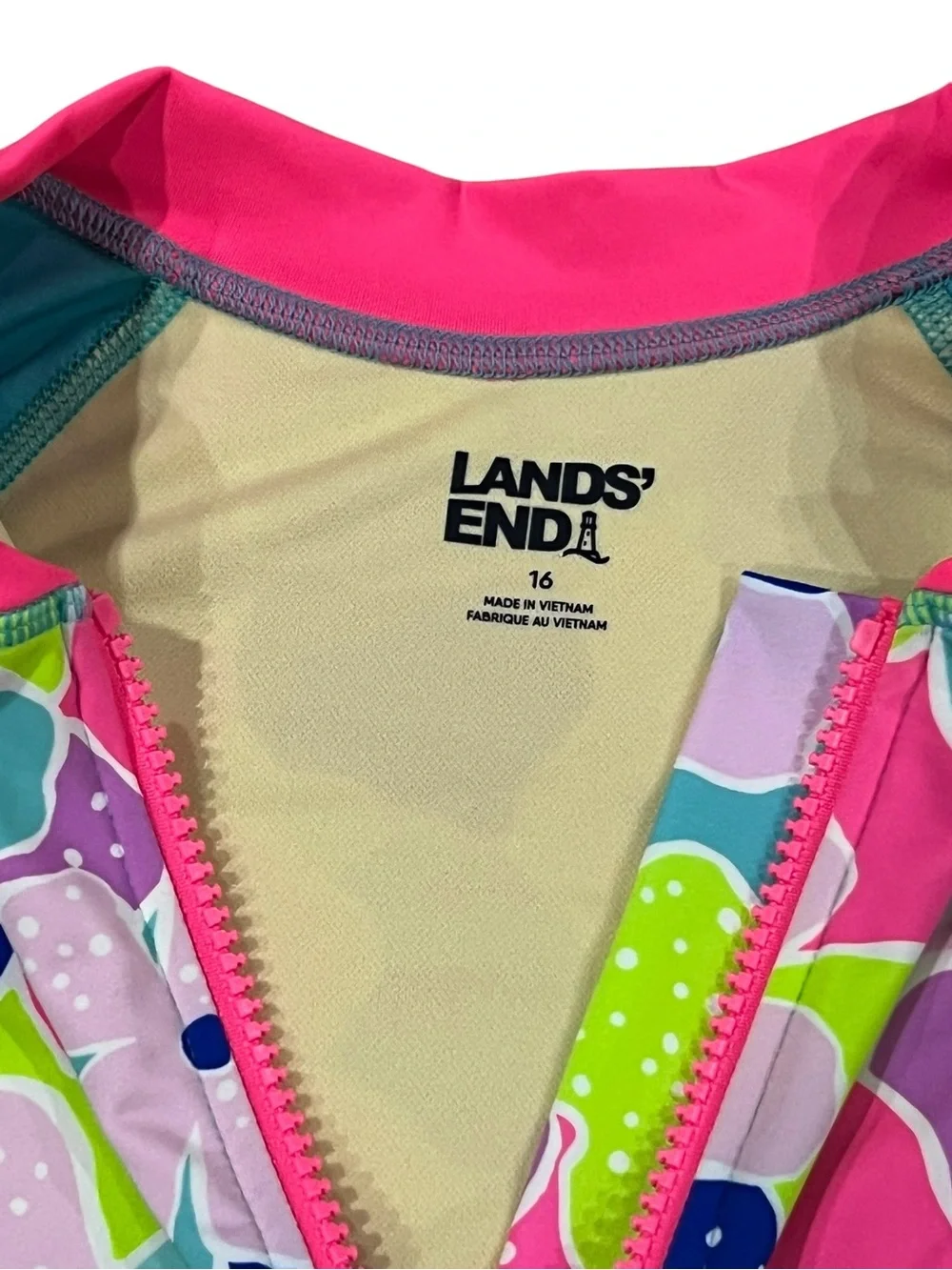 Lands' End 16Y Teal & Pink Floral Long-Sleeve Rash Guard Swimsuit